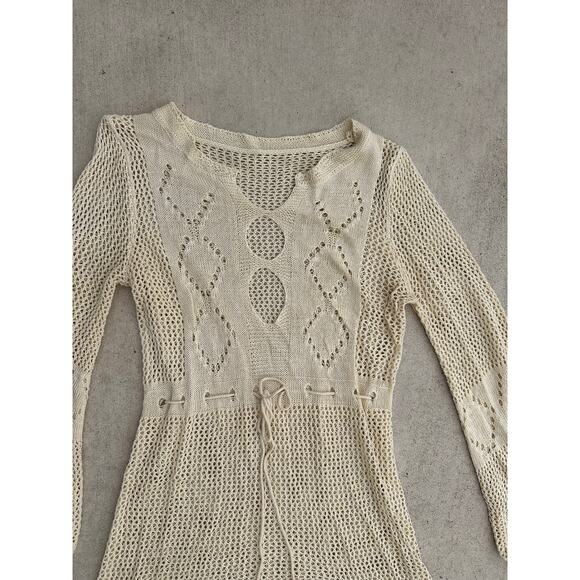 Cream crochet top high low bell sleeve small M women hippie boho indie open knit - Picture 5 of 5